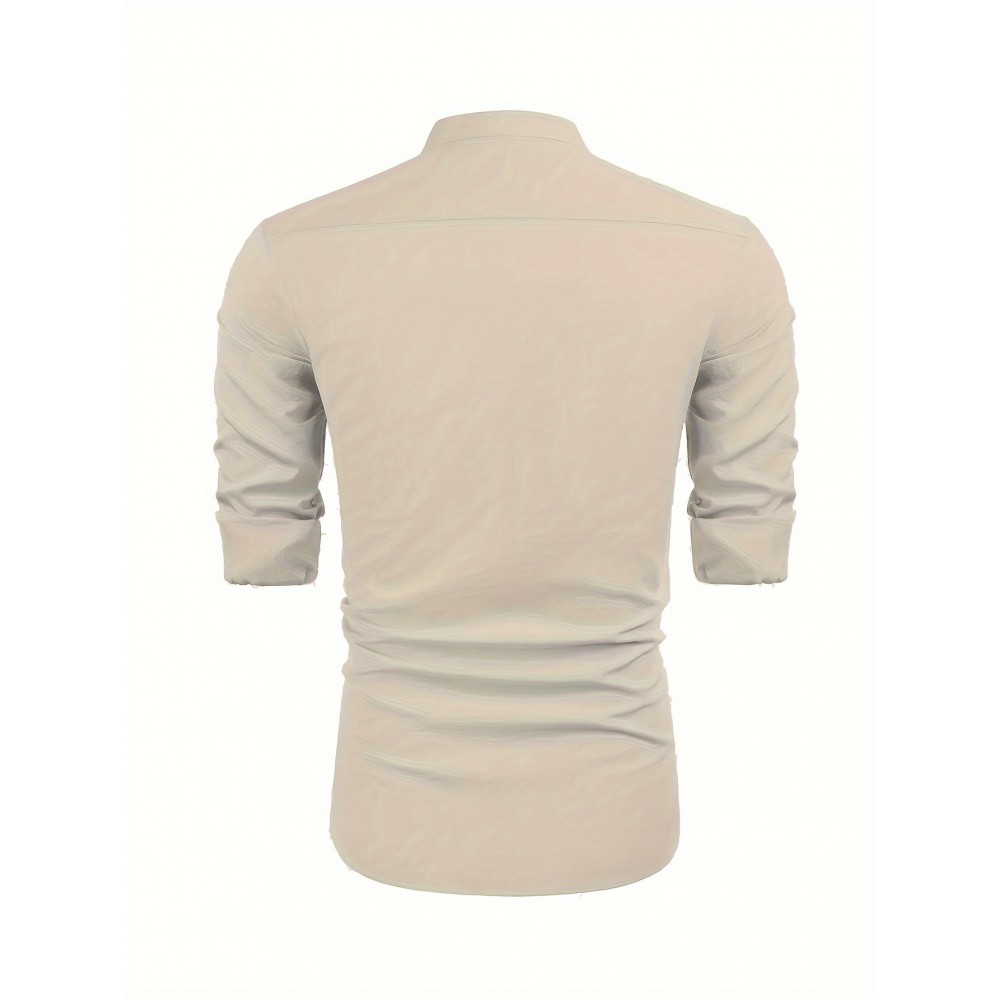 Men's Linen-Viscose Henley Shirt – Long Sleeve V-Neck