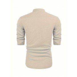 Men's Linen-Viscose Henley Shirt – Long Sleeve V-Neck