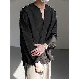 男士V领长袖休闲衬衫——聚酯纤维混氨纶