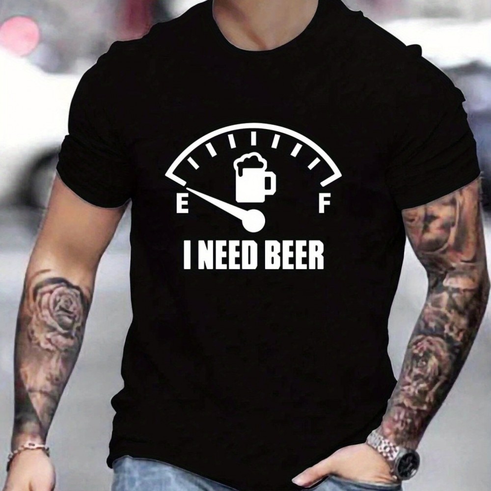 'I Need Beer' Graphic Tee for Men – Polyester-Elastane