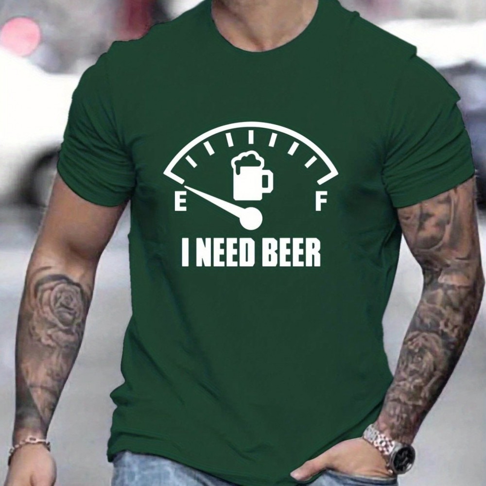 'I Need Beer' Graphic Tee for Men – Polyester-Elastane
