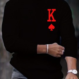 男士K字母印花长袖运动T恤 - 聚酯纤维+氨纶