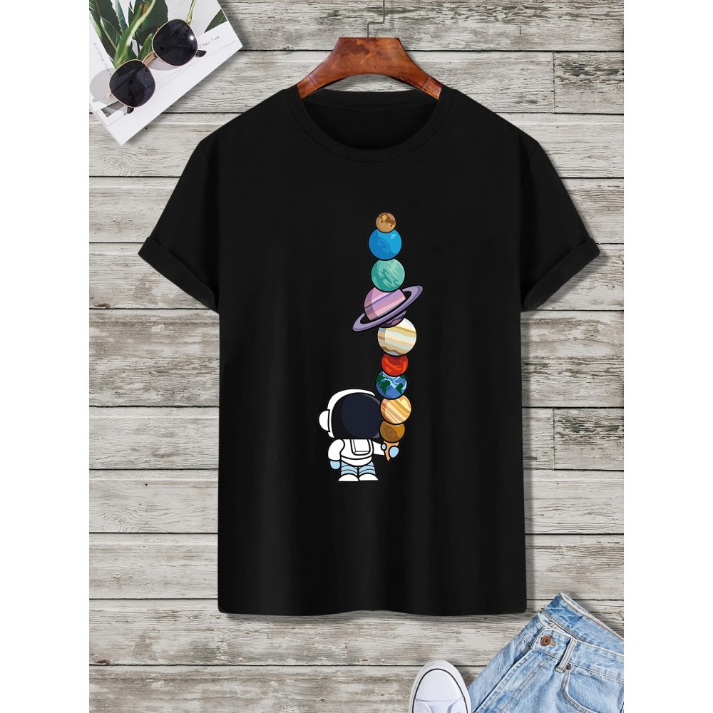 Men's Astronaut & Planet Print Polyester T-Shirt