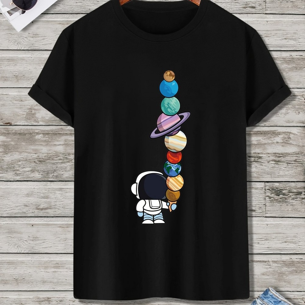 Men's Astronaut & Planet Print Polyester T-Shirt