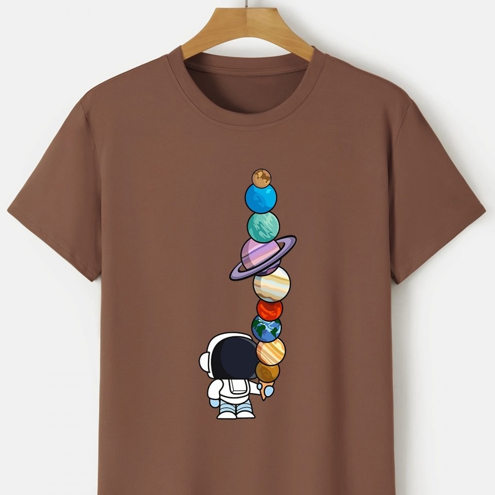 Men's Astronaut & Planet Print Polyester T-Shirt