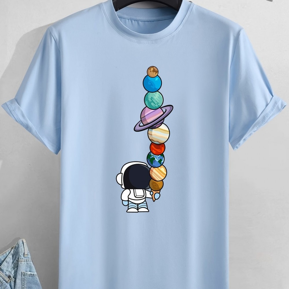 Men's Astronaut & Planet Print Polyester T-Shirt