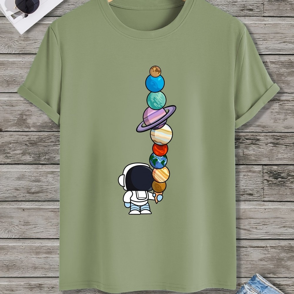 Men's Astronaut & Planet Print Polyester T-Shirt