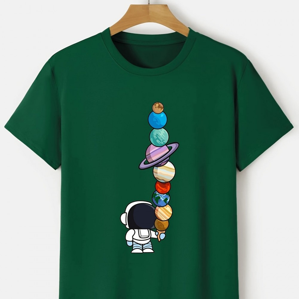 Men's Astronaut & Planet Print Polyester T-Shirt