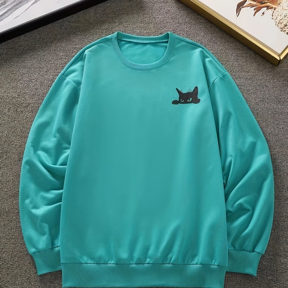 男士黑色猫咪图案连帽衫 - 聚酯纤维圆领休闲款