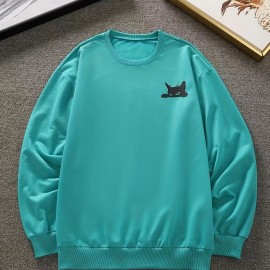男士黑色猫咪图案连帽衫 - 聚酯纤维圆领休闲款