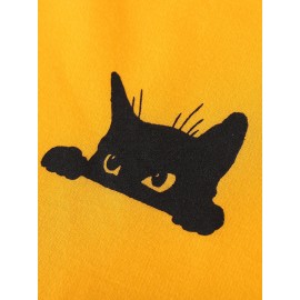 男士黑色猫咪图案连帽衫 - 聚酯纤维圆领休闲款