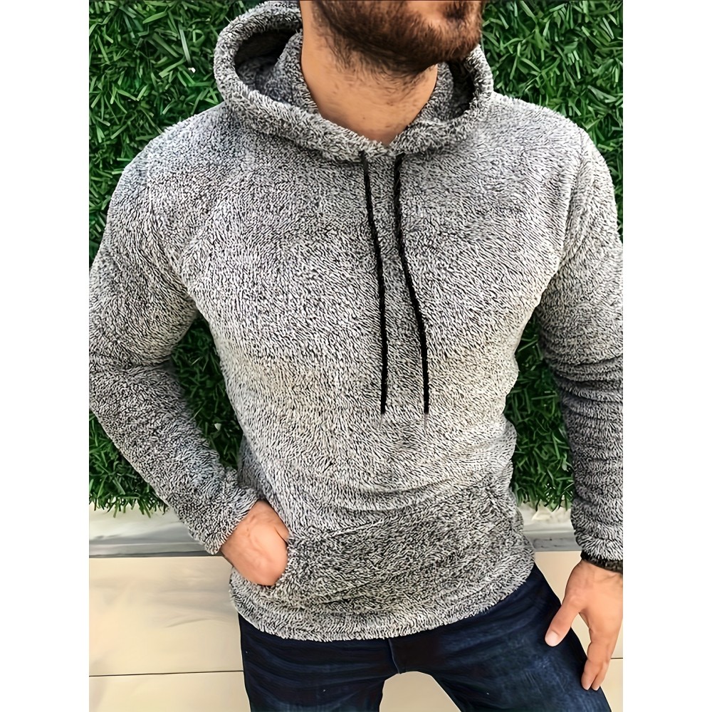 Men's Fluffy Hooded Sweatshirt - Polyester-Cotton Blend