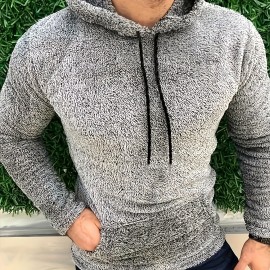 Men's Fluffy Hooded Sweatshirt - Polyester-Cotton Blend