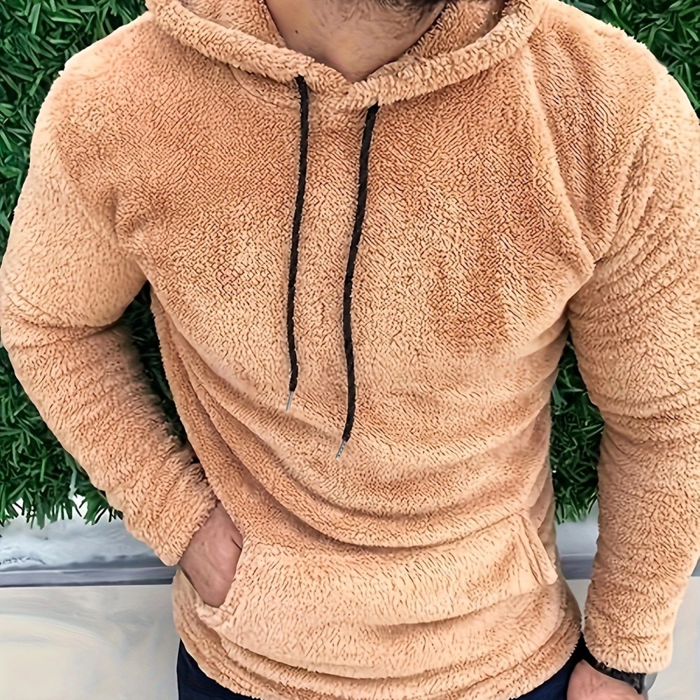 Men's Fluffy Hooded Sweatshirt - Polyester-Cotton Blend