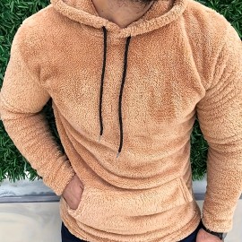 Men's Fluffy Hooded Sweatshirt - Polyester-Cotton Blend