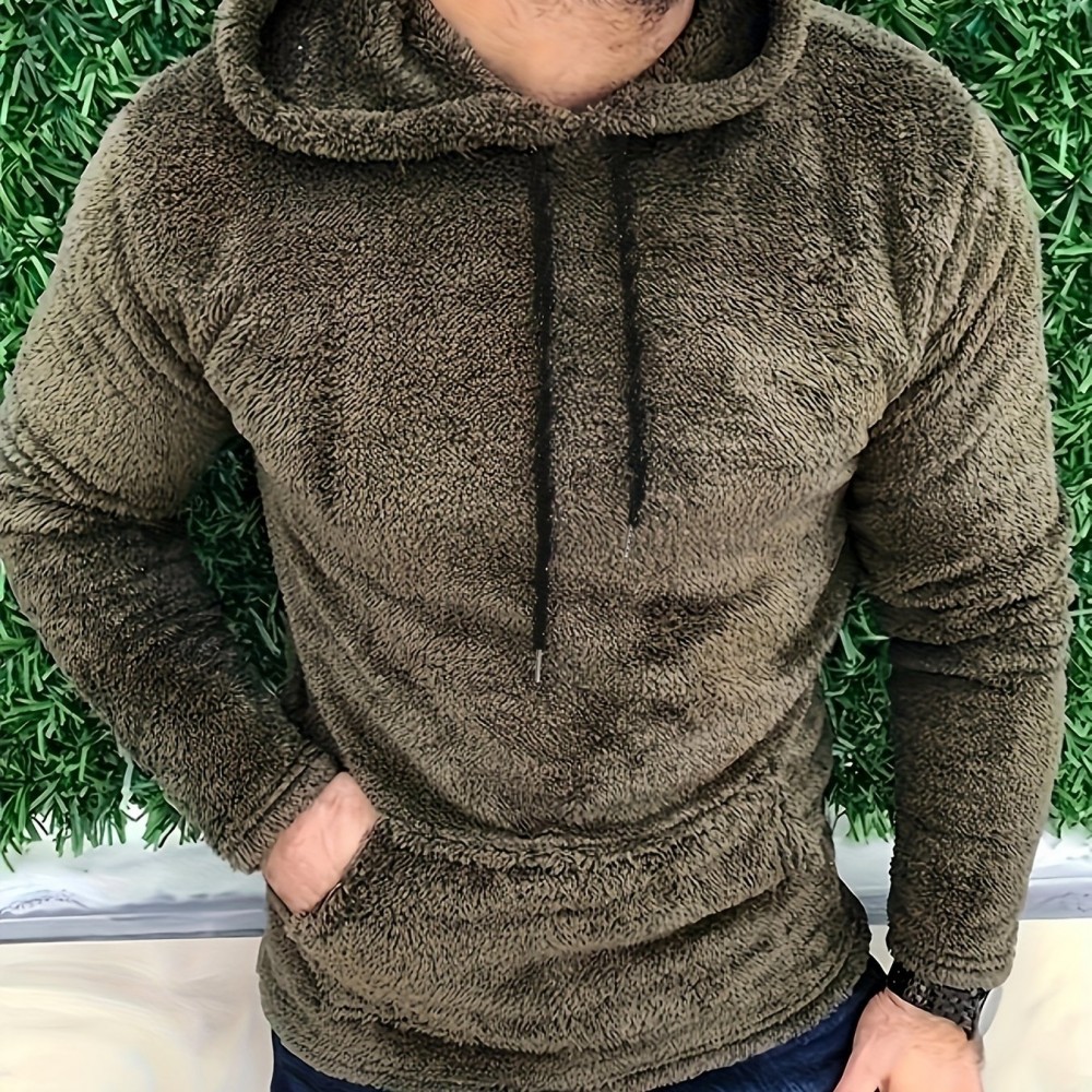 Men's Fluffy Hooded Sweatshirt - Polyester-Cotton Blend