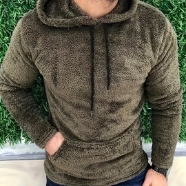 Men's Fluffy Hooded Sweatshirt - Polyester-Cotton Blend
