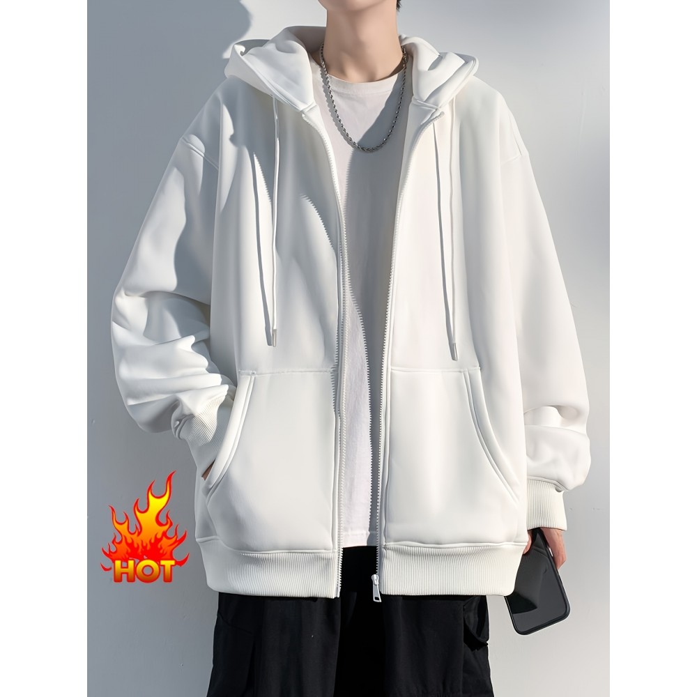 Men's Polyester Hooded Zip-Up Jacket - Loose Fit