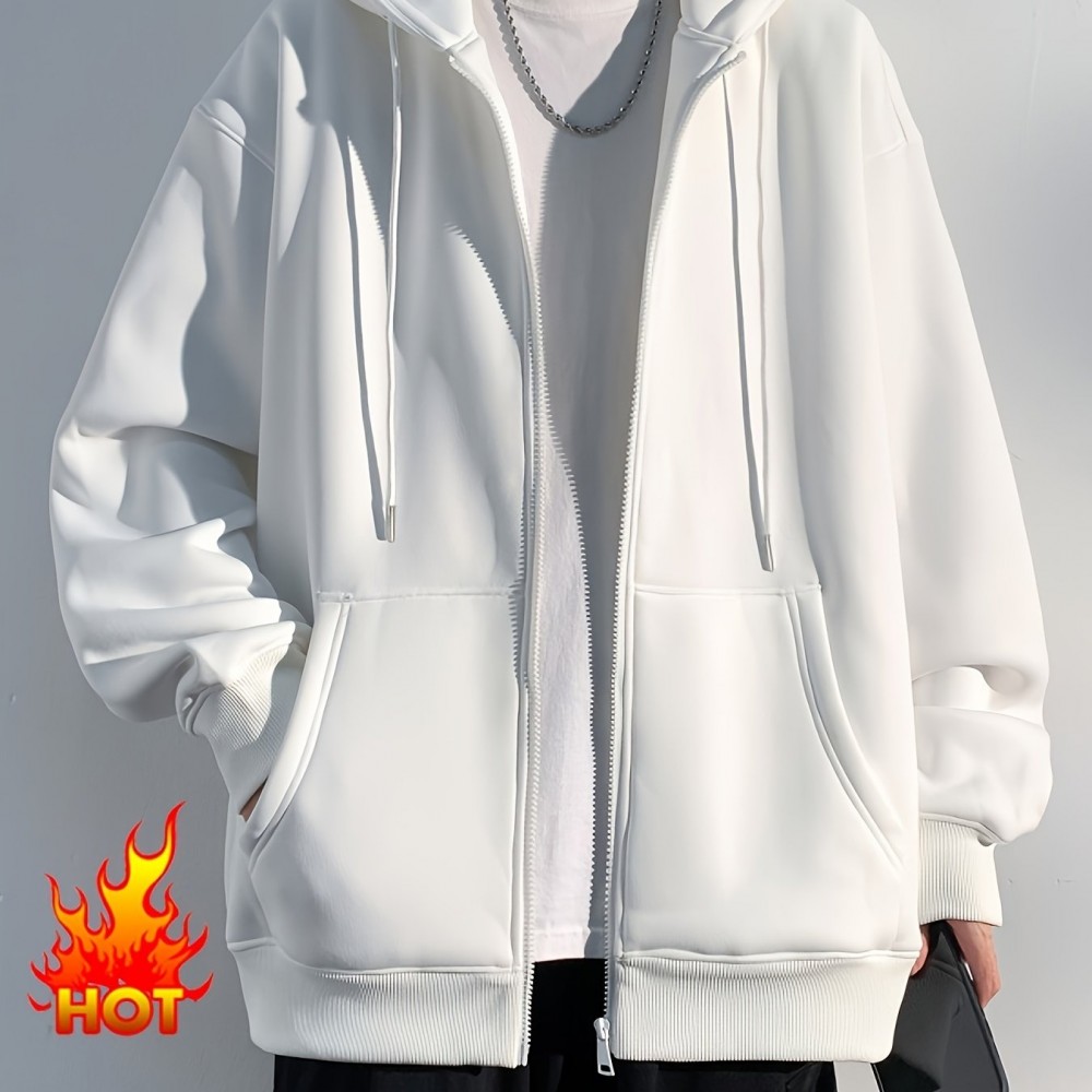 Men's Polyester Hooded Zip-Up Jacket - Loose Fit