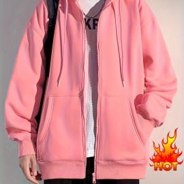 Men's Polyester Hooded Zip-Up Jacket - Loose Fit