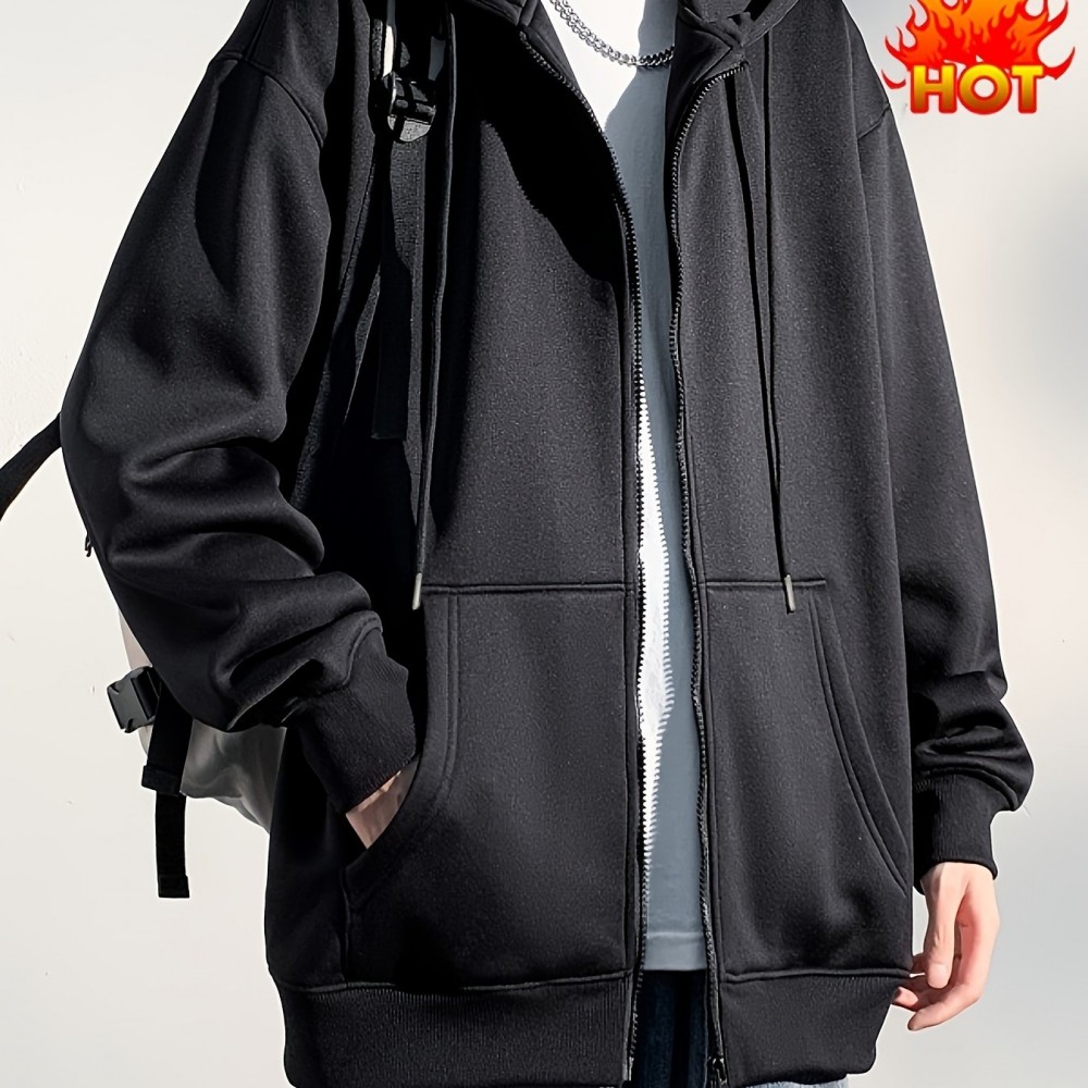 Men's Polyester Hooded Zip-Up Jacket - Loose Fit