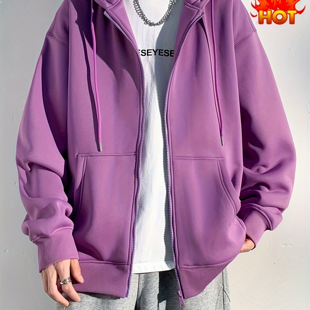 Men's Polyester Hooded Zip-Up Jacket - Loose Fit
