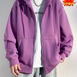 Men's Polyester Hooded Zip-Up Jacket - Loose Fit