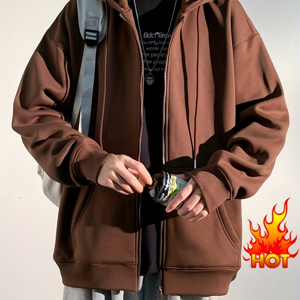 Men's Polyester Hooded Zip-Up Jacket - Loose Fit