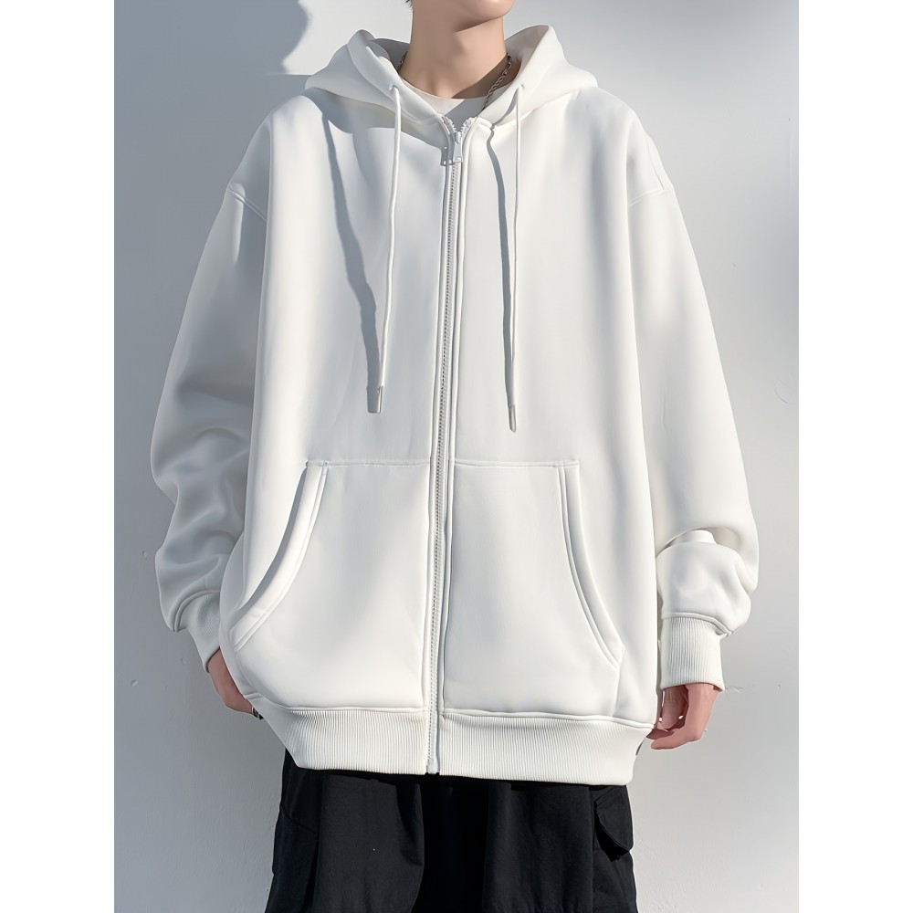 Men's Polyester Hooded Zip-Up Jacket - Loose Fit