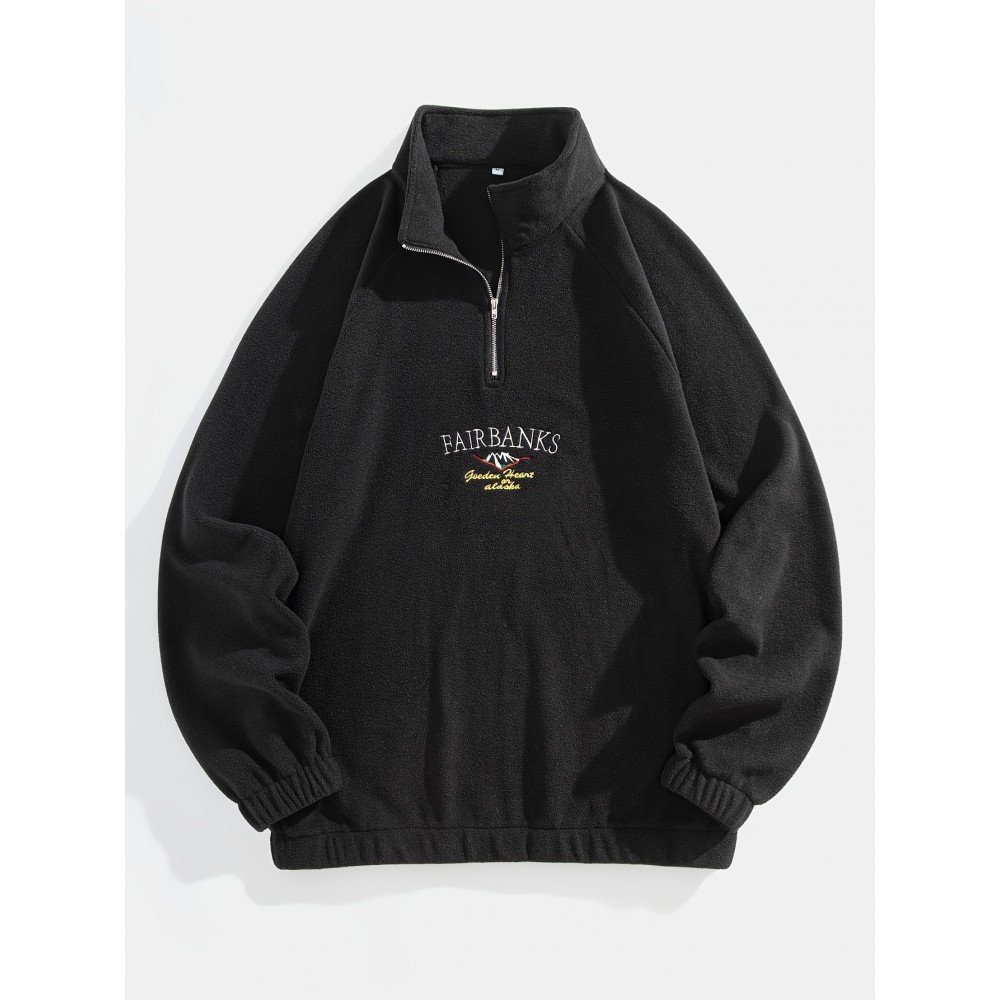 Men's Loose-Fit Polyester Sweatshirt – Embroidered Alphabet, Full Zip