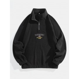 Men's Loose-Fit Polyester Sweatshirt – Embroidered Alphabet, Full Zip
