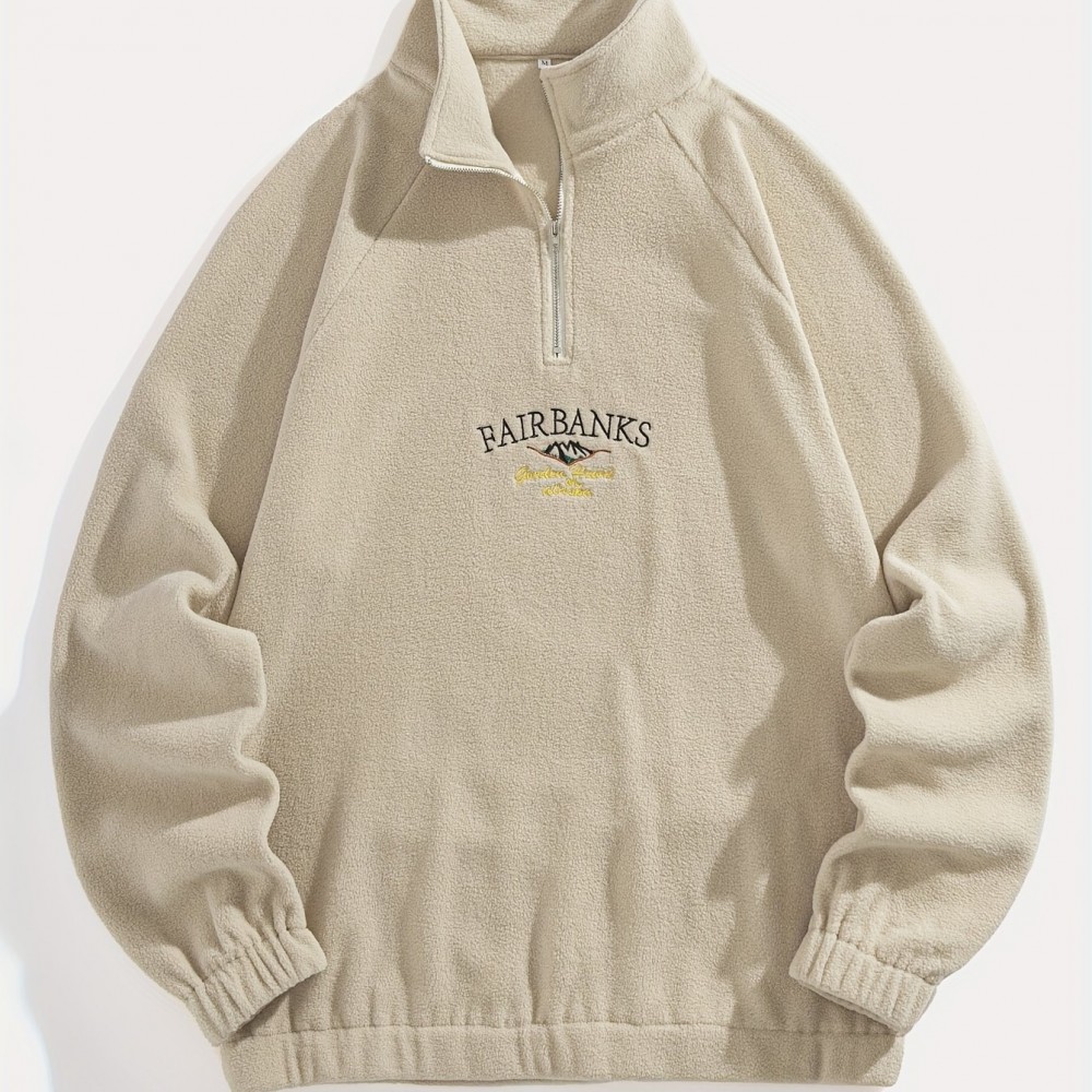 Men's Loose-Fit Polyester Sweatshirt – Embroidered Alphabet, Full Zip