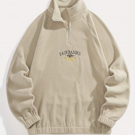 Men's Loose-Fit Polyester Sweatshirt – Embroidered Alphabet, Full Zip