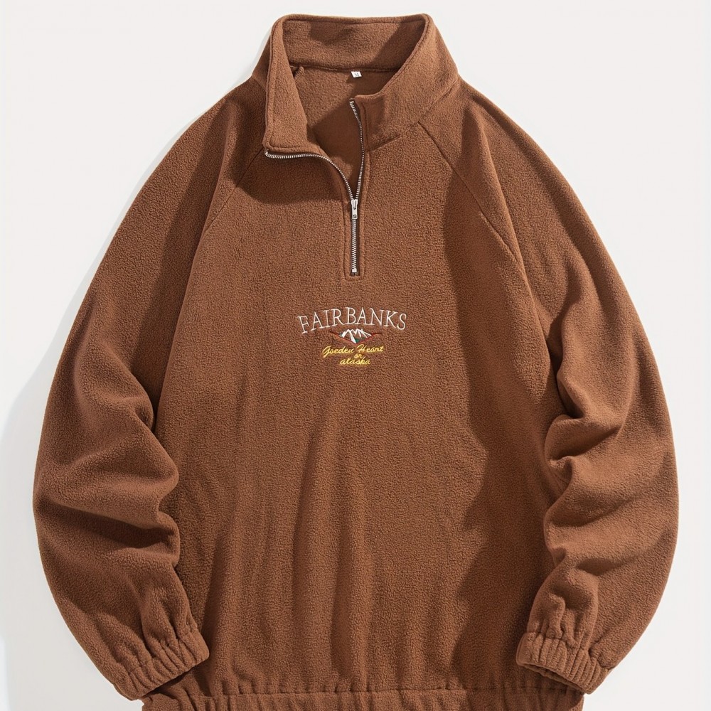 Men's Loose-Fit Polyester Sweatshirt – Embroidered Alphabet, Full Zip
