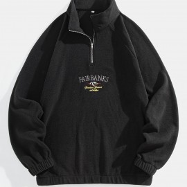 Men's Loose-Fit Polyester Sweatshirt – Embroidered Alphabet, Full Zip