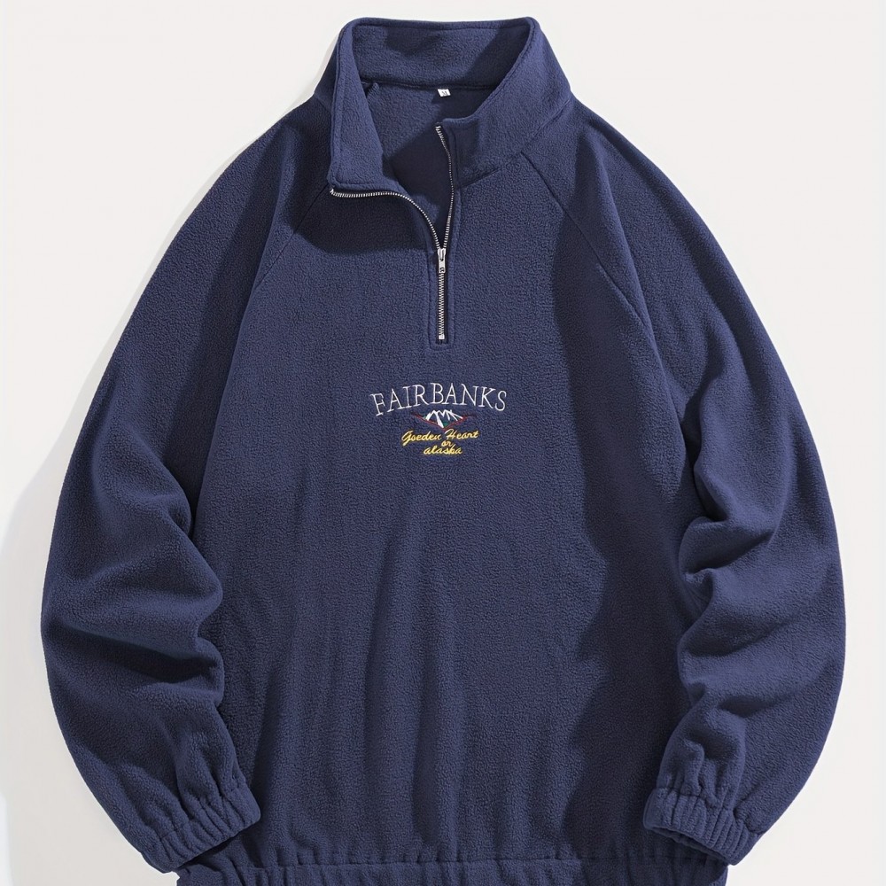 Men's Loose-Fit Polyester Sweatshirt – Embroidered Alphabet, Full Zip