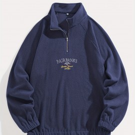 Men's Loose-Fit Polyester Sweatshirt – Embroidered Alphabet, Full Zip