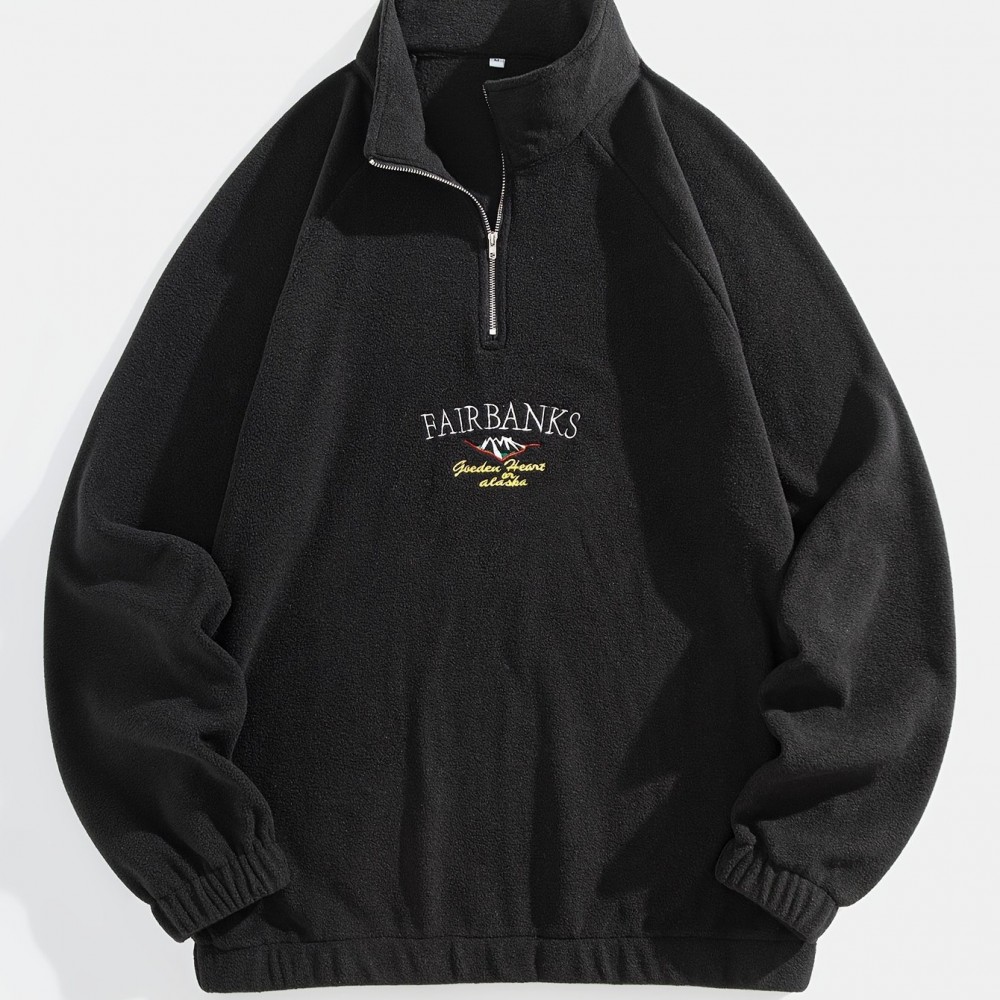 Men's Loose-Fit Polyester Sweatshirt – Embroidered Alphabet, Full Zip