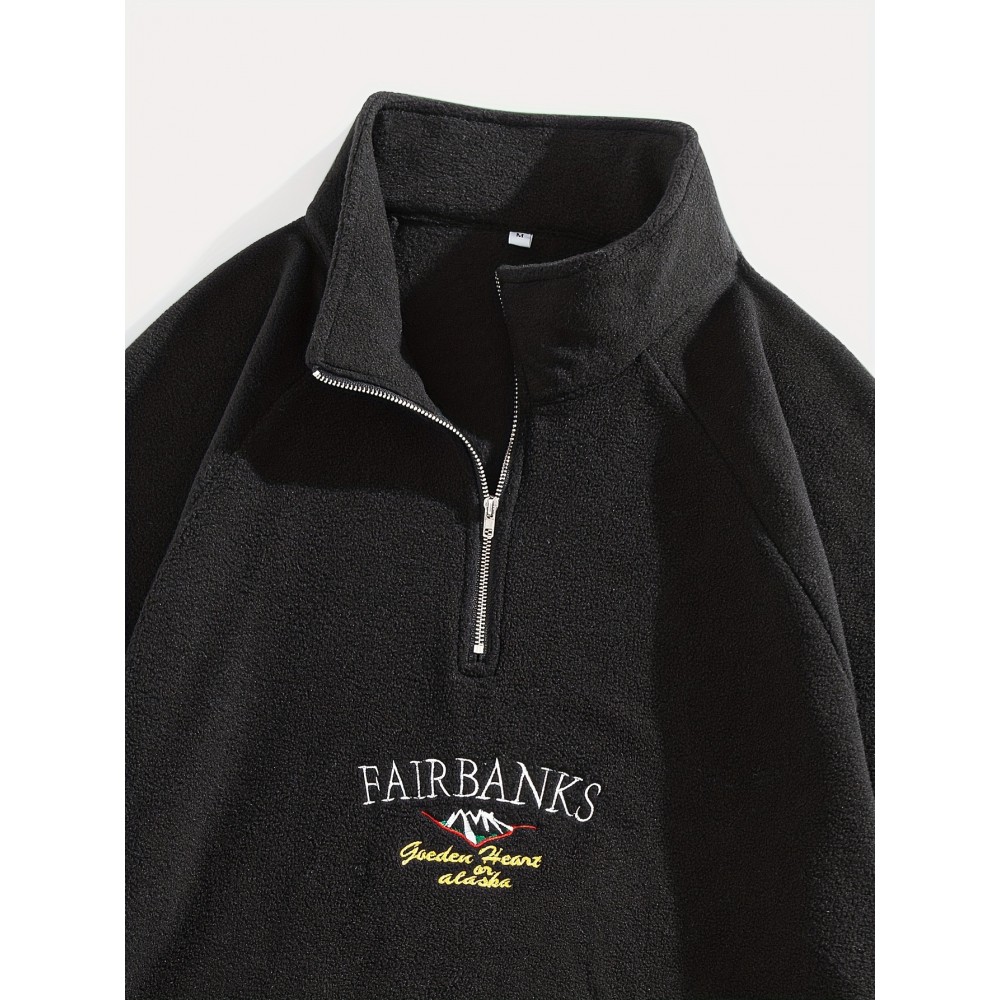 Men's Loose-Fit Polyester Sweatshirt – Embroidered Alphabet, Full Zip