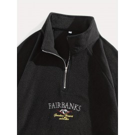Men's Loose-Fit Polyester Sweatshirt – Embroidered Alphabet, Full Zip