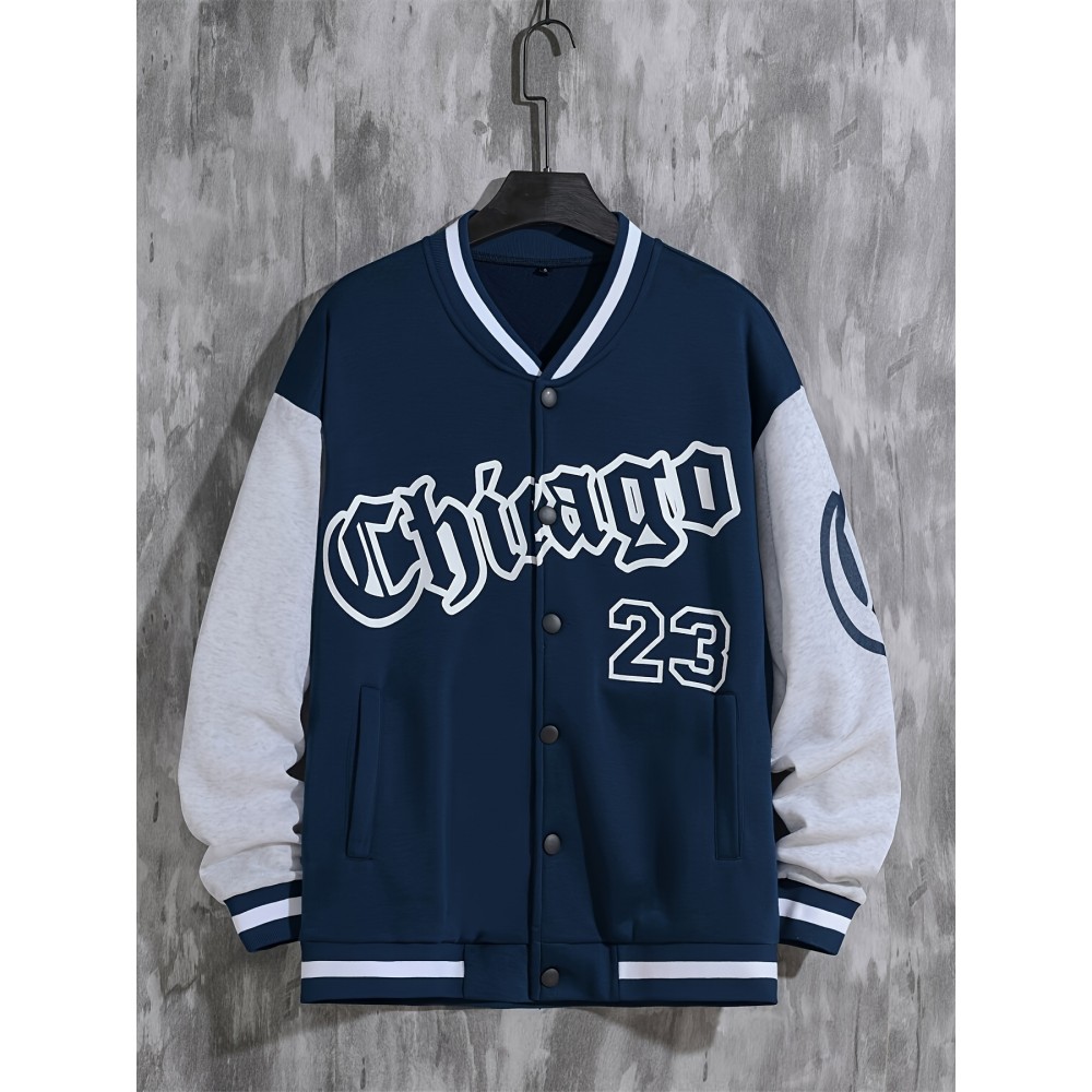 Men's Loose-Fit Polyester Baseball Jacket – V-Neck