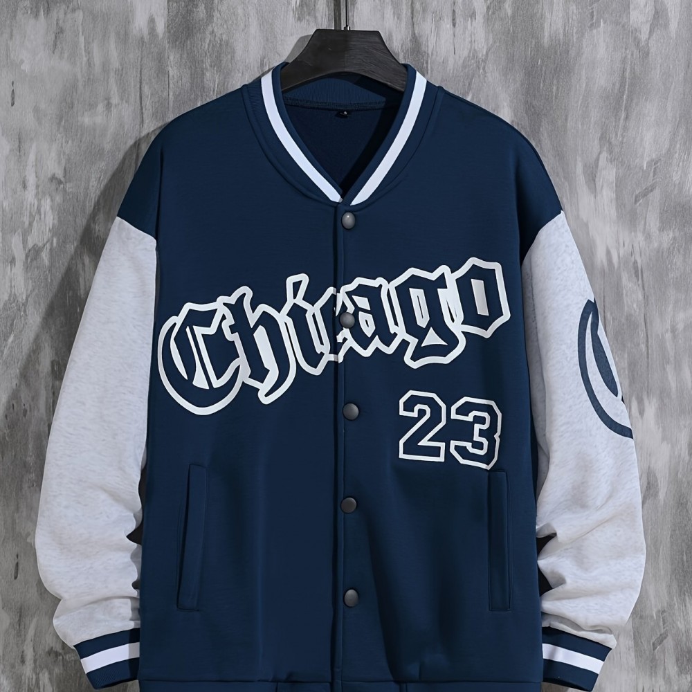 Men's Loose-Fit Polyester Baseball Jacket – V-Neck