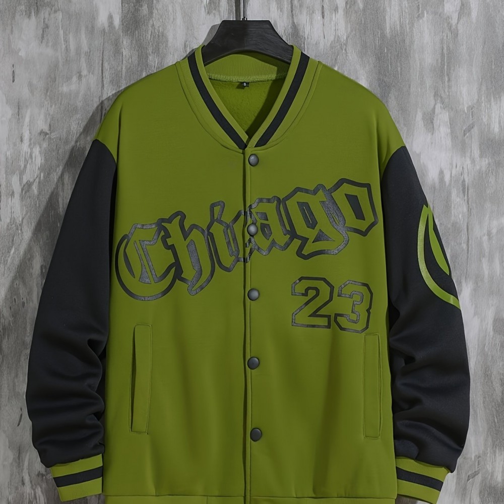 Men's Loose-Fit Polyester Baseball Jacket – V-Neck