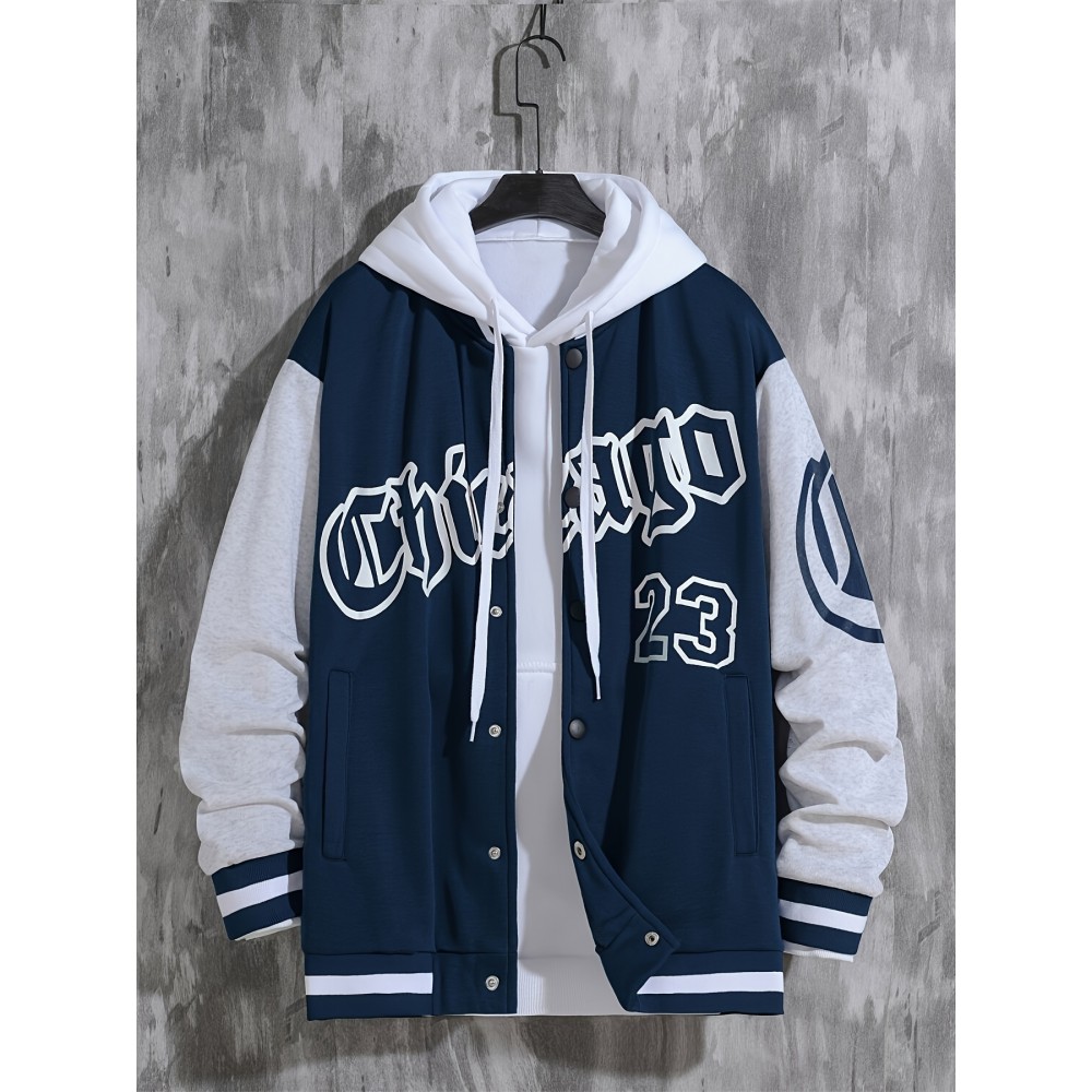 Men's Loose-Fit Polyester Baseball Jacket – V-Neck