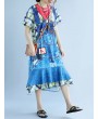 女士蓝色棉涤纶印花仿双件套连衣裙