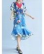 女士蓝色棉涤纶印花仿双件套连衣裙