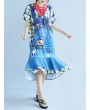 女士蓝色棉涤纶印花仿双件套连衣裙