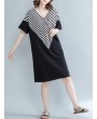 女士V领拼接条纹连衣裙 - 棉涤纶混纺