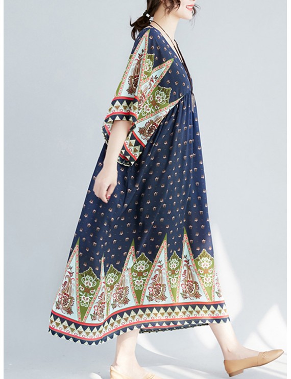 复古风印花棉质V领中长裙