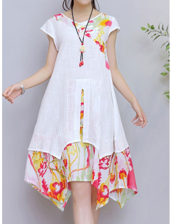 女士花卉图案V领棉涤混纺连衣裙